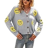 chouyatou Women's Loose-Fit Smile Face Jacquard Knitted Cardigan Sweater Jacket