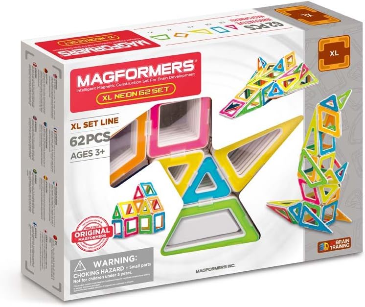 Magformers XL Neon 62 Pieces Set, Rainbow Neon Colors, Educational Magnetic Geometric Shapes Tiles Building STEM Toy Set Ages 3+