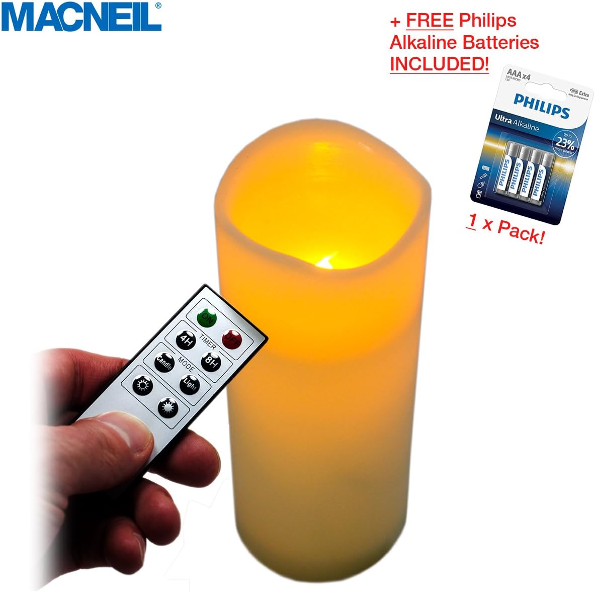 MACNEIL Tall Pillar 24.5cm Remote Control LED Flickering Wax Candle - Perfect for Creating a Special Ambiance at Home - Soothing, Romantic and Enchanting - Complete with 2 Year Guarantee!