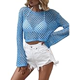 KEOMUD Women Mesh Crochet Crop Top Long Sleeve Hollow Out Knit Sweater Bikini Beach See Through Cover Ups