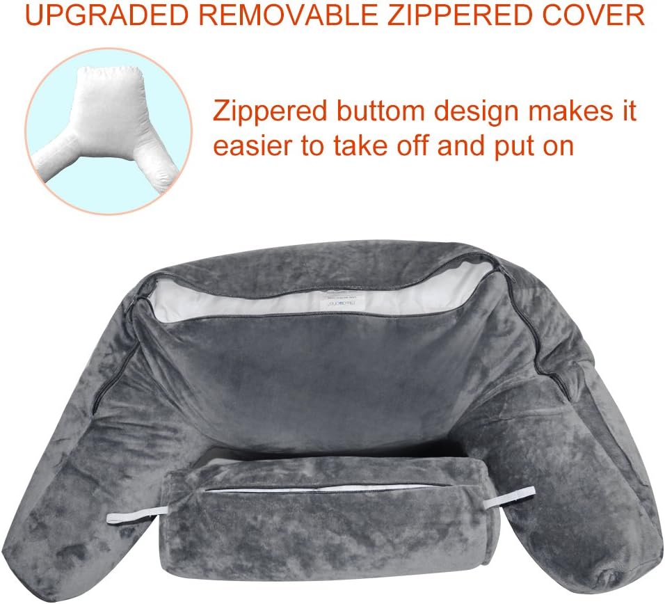 mittaGonG Shredded Foam Reading Pillow with Detachable Neck Roll & Big Bed Backrest Pillow for Bed with Arms and Side Pocket - Perfect for Back Support While Relaxing, Gaming, Reading, or Watching TV: Home & Kitchen