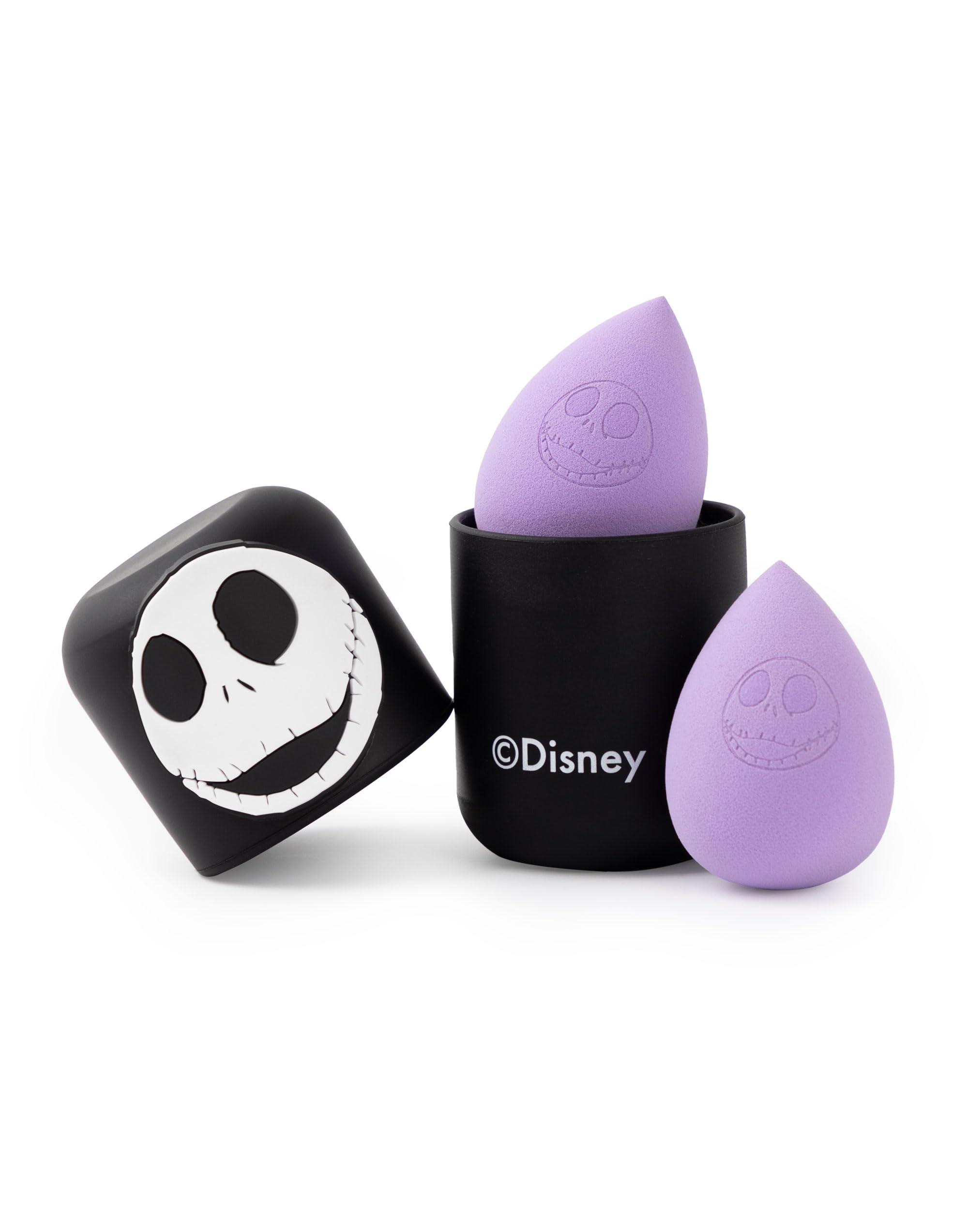Disney The Nightmare Before Christmas Womens Makeup Sponge Set | Ladies Purple & Black Beauty Sponges Set of 2 with Jack Skellington Character Print Storage Cases | Beauty Face Blenders & Makeup Box