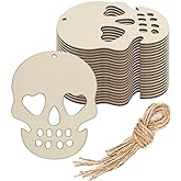 Creaides 20pcs Halloween Skull Wood DIY Crafts Cutouts Wooden Skull Shaped Hanging Ornaments with Hole Hemp Ropes Wood Tags for DIY Projects Halloween Party Decorations