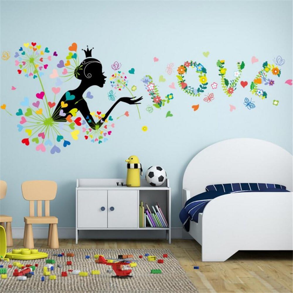 Amtoodopin Fairy Wall Stickers Elf Girl Princess Wall Decals Window Film Butterfly Flowers Dancing Girls Angel Wings Wall Decor DIY for Windows Bedroom Living Room Decoration(Dandelion Fairy Love)