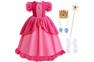 iTVTi Princess Peach Costume Dress for Girls Kids Cosplay Pink Outfit Halloween Birthday Party Dress Up