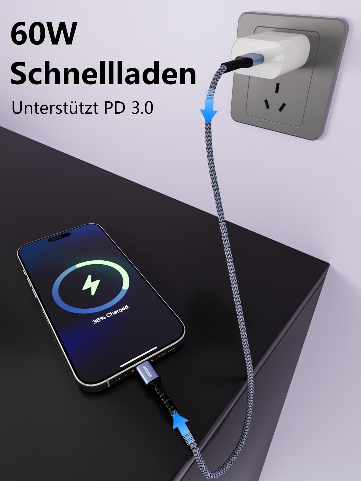 GHNTJAP USB C auf USB C Kabel 0.5M,[3 Stück] 60W USB-C Kabel PD Schnellladekabel Nylon Type C Ladekabel für iPhone 16/15,Galaxy S24 S23 S22 S21,iPad Pro,MacBook,Pixel 2