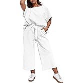 UOUA Womens Plus Size Sweatsuit 2 Piece Outfits Summer Short Sleeve Tops Wide Leg Pants Tracksuit Lounge Sets