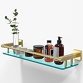 Glass Shelf for Bathroom, 20 Inch Tempered Glass with Brushed Gold Stainless Steel Railing, Floating Glass Shelves Sink Over 
