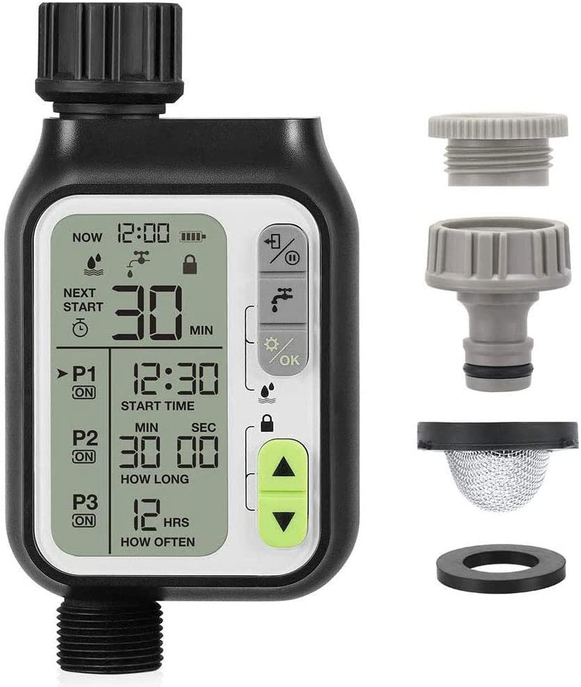 Johgee Garden Water Timer Computer with rain Sensor Function, 3 Separate Watering Programs, Automatic Watering Control, Manual Control and Child Safety Watering Clock