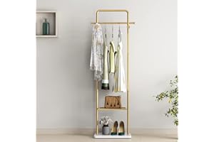 TIEOU Gold Clothes Racks with Shelf, Heavy Duty Gold Clothing Racks for Boutiques, Free-Standing Metal Garment Rack for Hanging Clothes, Modern Coat Rack Entryway
