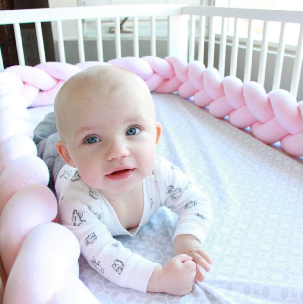 Baby Crib Bumper Plush Nursery Cradle Decor Knotted Braided Junior Bed Sleep Safety Bedside Padded Plush Cushion for Newborn Pink 157 inch