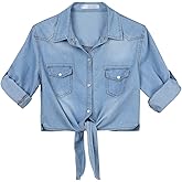 Women's 3/4 Sleeve Front Tie Shirt Denim Shirt Crop Cardigan Jean Crop Top Chambray Knot Shirt