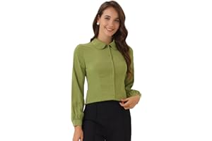 Allegra K Women's Button Up Shirt Career Peter Pan Collar Long Bishop Sleeve Blouse