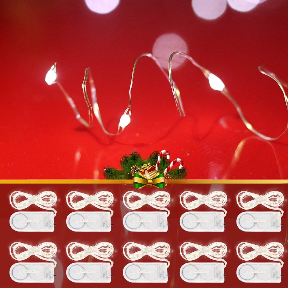Battery Operated Fairy String Light, 3ft 1m Pure White Strip Lights, 10 Mini LED Waterproof for Christmas Wedding DIY Gift Box Bedroom Bottle Decoration (Pack of 10)