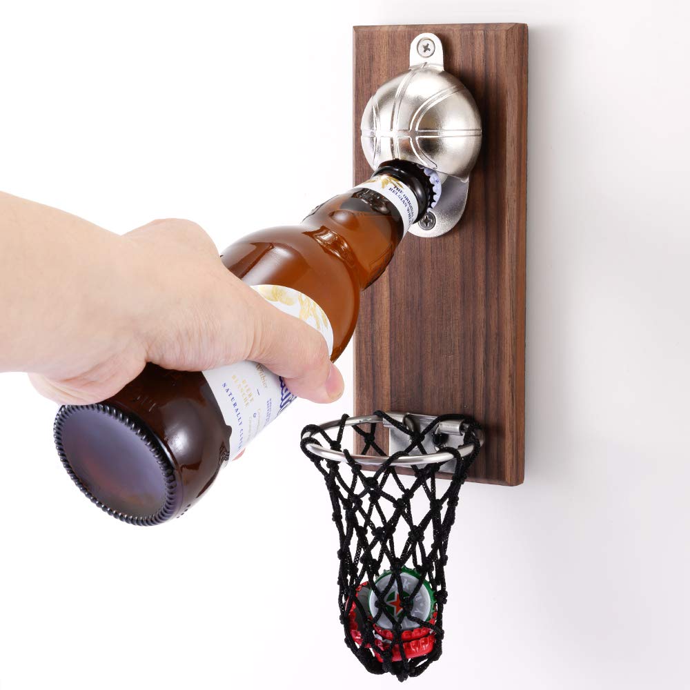 Magnetic Basketball Bottle Opener, Wooden Wall Mounted Opener with Cap Collector Catcher, Gift for Basketball and Beer Lovers, Use as Kitchen-Yard-Bar Decoration.