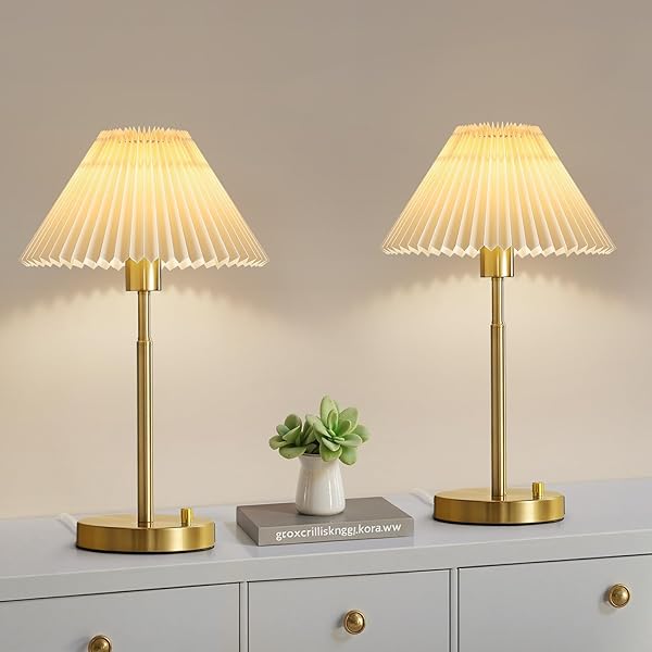 RUIYEY BEDSIDE TABLE LAMP SET OF 2: DIMMABLE NIGHTSTAND BEDSIDE LAMPS WITH USB A AND C PORTS, MODERN METAL AND PLEATED FABRIC SHADE GOLD DESK LAMP FOR HOME OFFICE BEDROOM LIVING ROOM READING