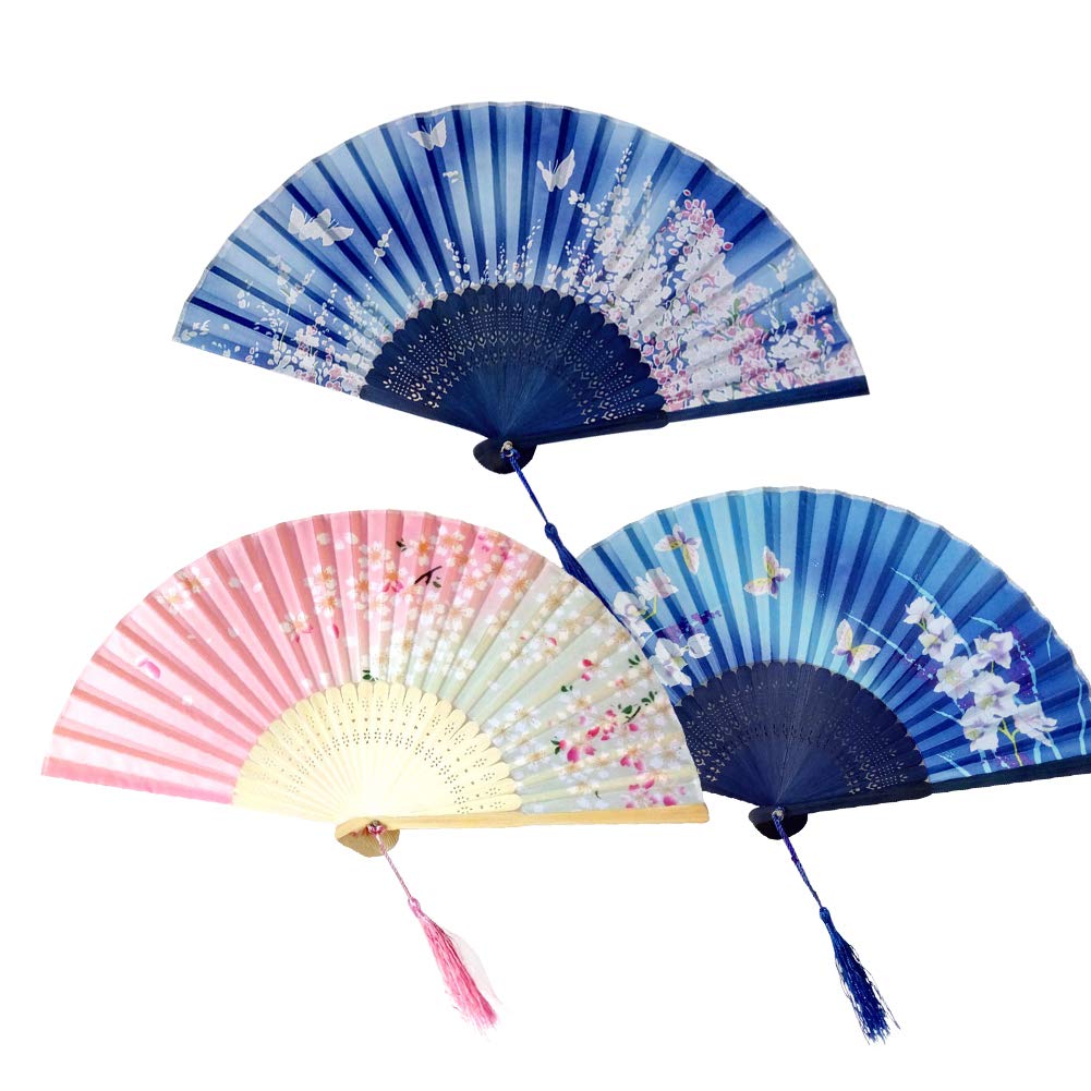 BEHAHAI 3 Pack Bamboo Silk Fabric Folding Hand Fans with Tassel Wooden Chinese/Japanese Hand Fans for Women Wedding Party Decoration — image 1