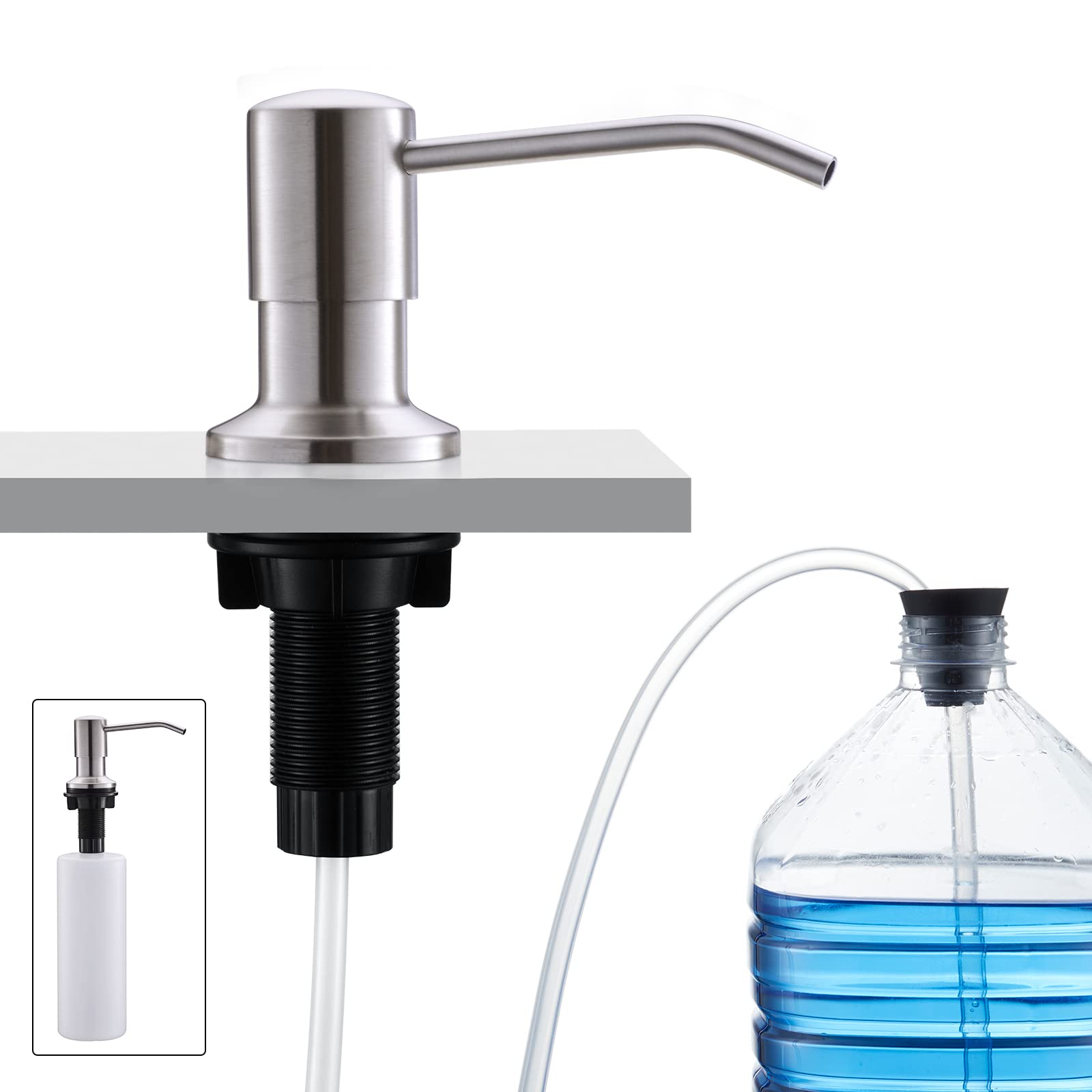 CREA Kitchen Sink Soap Dispenser Built in Counter top Soap Dispenser Pump in Stainless Steel with 17 OZ PP Bottle and 39" Extension Tube Kit, Refill from The Top, Brushed