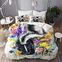 FAKAINU Duvet Cover Set, Skunk Forest Animals Summer Flowers Watercolor, Decorative 3 Piece Bedding Set with 2 Pillow Shams