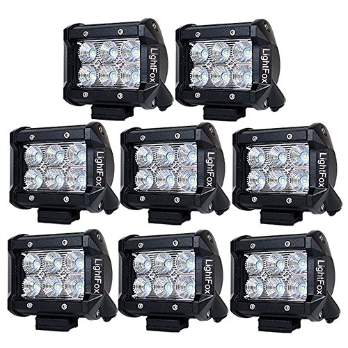 Lightfox 8Pcs 18W 4Inch CREE Flood LED Light Bar LED Pods Fog Light Waterproof Work Lights Off Road Lights 4WD Truck Car SUV ATV UTV Jeep Pickup Boat Driving Lamp, 2 Years Warranty