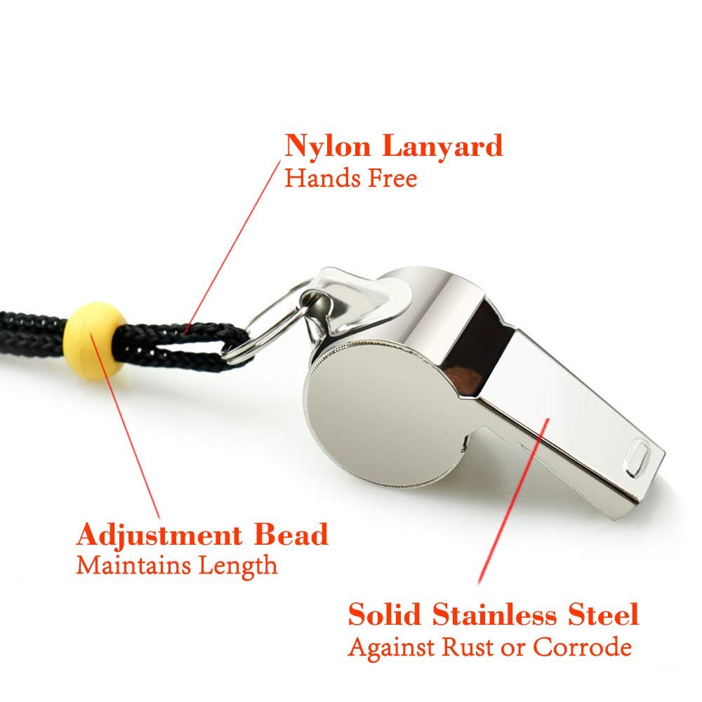 Whistle, 2 Pack Stainless Steel Sports Whistles with Lanyard, Loud Crisp Sound Whistles Great for Coaches, Referees, and Officials