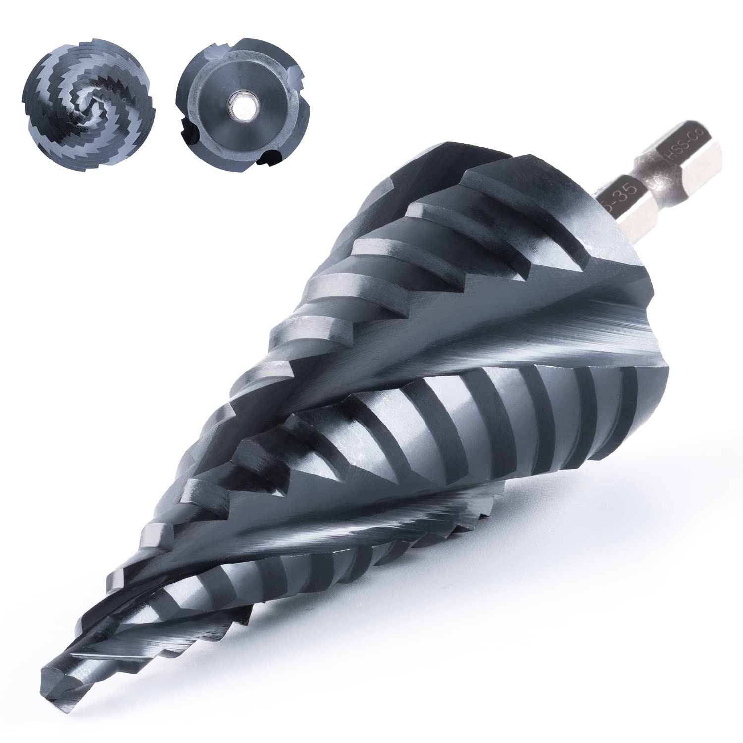 toolant Four Spiral Flute Cobalt Step Drill Bit(Pro Max), 5-35mm Impact Ready Four Spiral Flutes Unibit Step Bit, 1/4" Hex Shank Unibit for Metal, Stainless Steel, Aluminum, Wood, Plastic — image 1