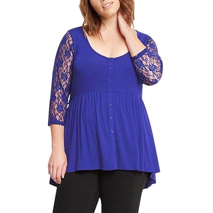 Kolylong® Übergröße Blusen Damen Frauen Elegant Spitze Bluse mit V-Ausschnitt Übergröße Langarmshirts Plus Size T-Shirt Sweat