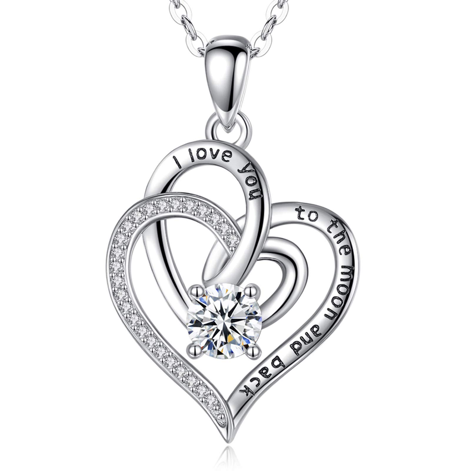 AEONSLOVE 925 Sterling Silver Heart Necklace Heart I Love You Infinity Pendant Necklace with CZ Birthday Valentine's Day Jewellery Gifts for Women Girls, 18" Chain