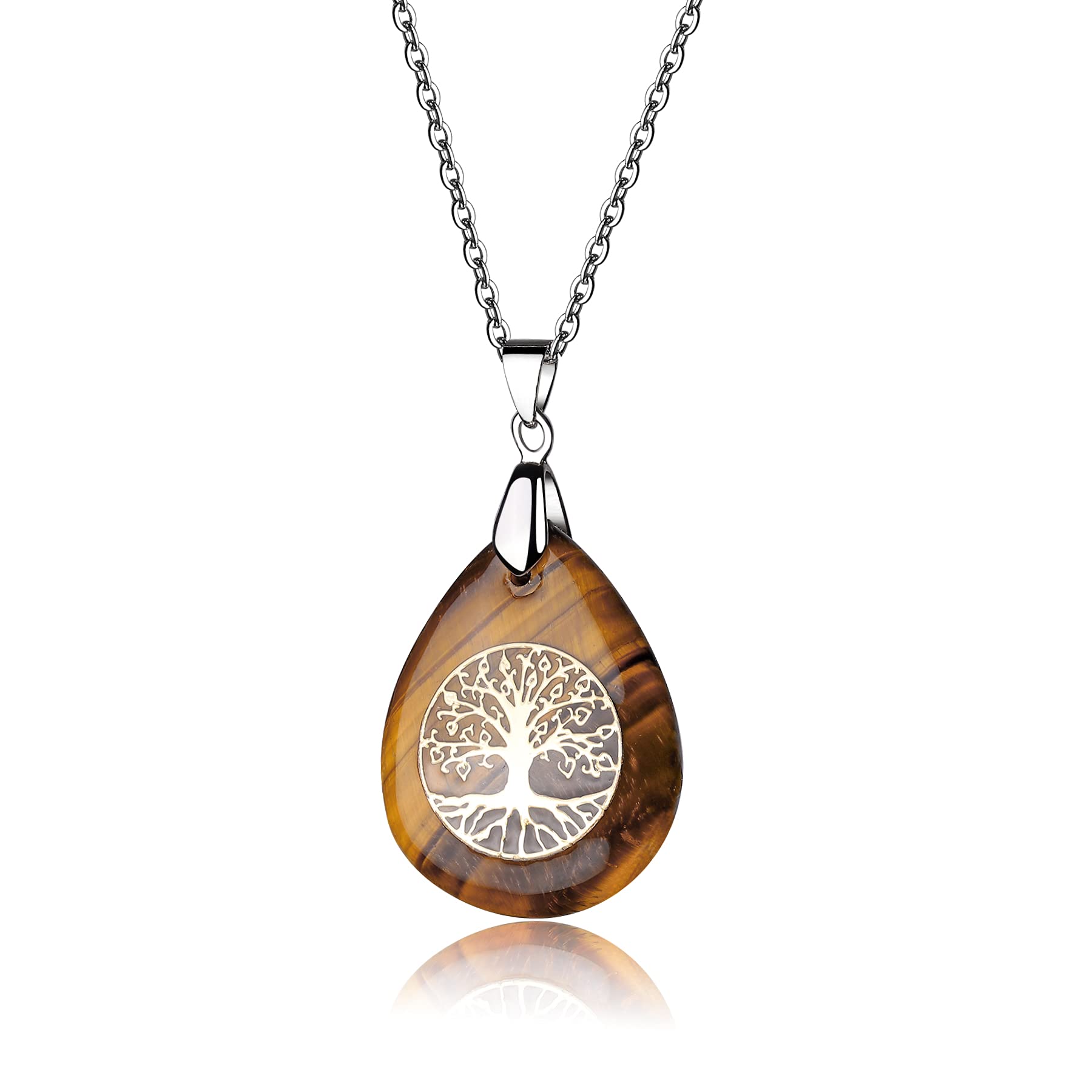 Thajaling Tiger Eye Stone Necklace Healing Crystal Gem Pendant with Stainless Steel Chain Tree of Life Pendant-40g, 0.98"x1.37"x0.19"