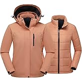 PTSOC Women's 3 in 1 Ski Jacket Mountain Waterproof Windproof Winter Snow Coat Hike Snowboarding Jackets Hooded Warm Raincoat