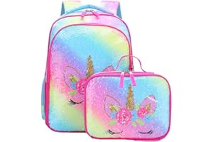 THE CRAFTS Usnyabni Reversible Sequin School Backpack Lightweight Little Kid Book Bag with Lunch Bag Set for Preschool Kindergarten Elementary (15", Rainbow Unicorn with Lunch Bag)…