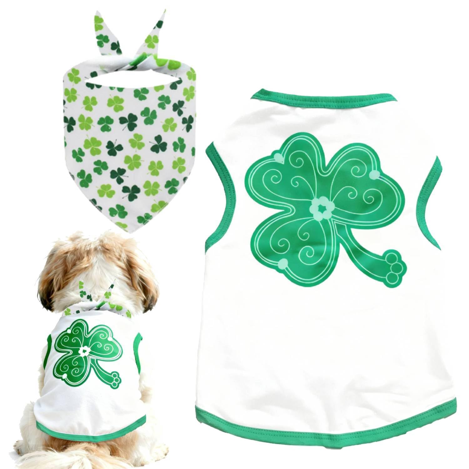 Photo 1 of Small Dog St. Patricks Day Outfit Green Shirt & Bandana Irish Pet Cat Clothes Vest White M