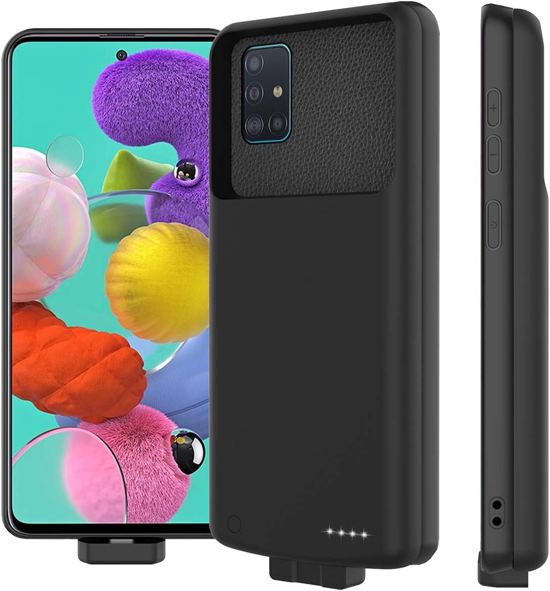 LifeePro Compatible with Samsung Galaxy A51 Battery Case, 7000mAh Rechargeable External Backup Charger Pack Slim Extended Portable Power Bank Extra Shockproof Protective Cover Shell Black