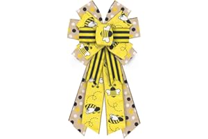 Hying Large Bumble Bee Bows for Wreath, Yellow Black Bee Bow for Front Door, Spring Dots Yellow Black Stripe Wreath Bows for Party Decor Indoor Outdoor Wall Spring Summer Decoration Supplies Ornament
