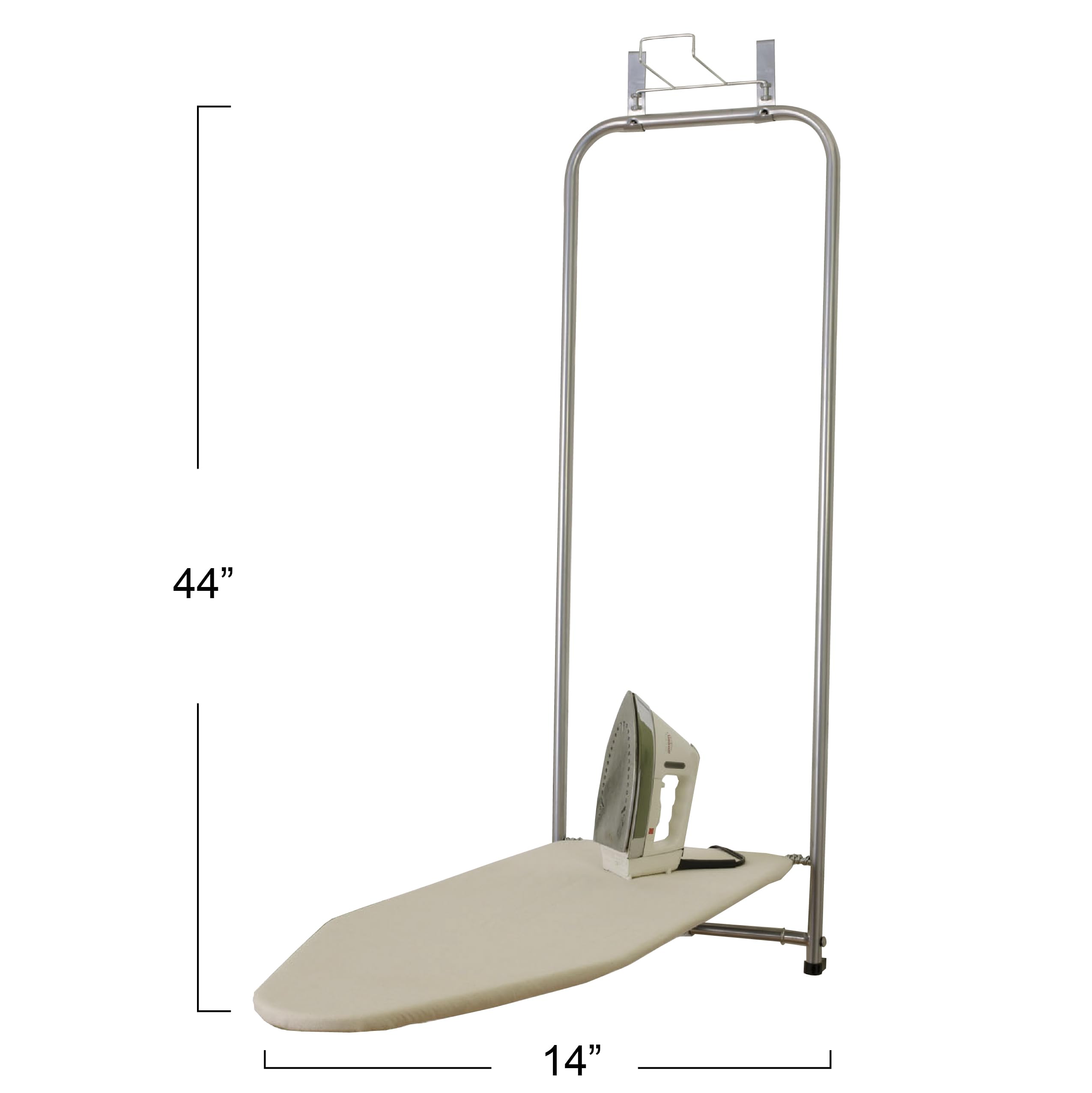 Household Essentials 144222 Over The Door Small Ironing Board with Iron Holder, Natural Cotton Cover Silver