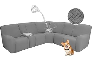 ALIECOM Waterproof Reclining Sectional Couch Covers for Reclining Sectional Stretch L Shaped Recliner Sofa Cover Washable Pet Dog Corner Sofa Slipcovers Protector (5 Seat and 1 Console, Middle Grey)