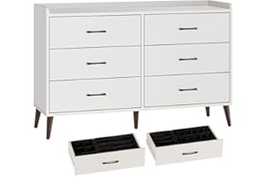 Rolanstar Drawer Dresser Quick Install, 6 Wooden Drawers Storage Dresser with Set of 4 Foldable Drawer Dividers, Modern Chest of Drawer with Anti-Tipping Device, Bedroom, Living Room, White