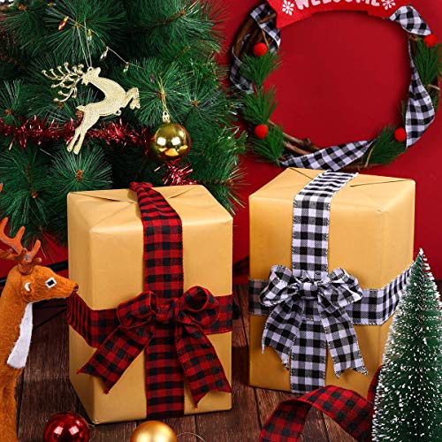 WAVEYU Buffalo Check Plaid Wired Ribbon Gingham Ribbon 2" Wide 236'' Length for Christmas Tree,Wreath Bows,Festive Farmhouse Decoration,Gift Wrapping Crafts,Floral Arrangement,Black and White