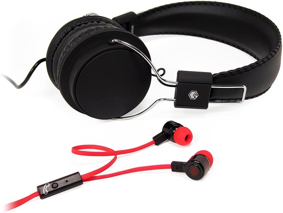 MQbix MQHT470BLK 2-In-1 Combo Pack EarFoam Plus High Performance In-Ear Earphones with Built-In Mic and Deep Bass Stereo Headphones, Black