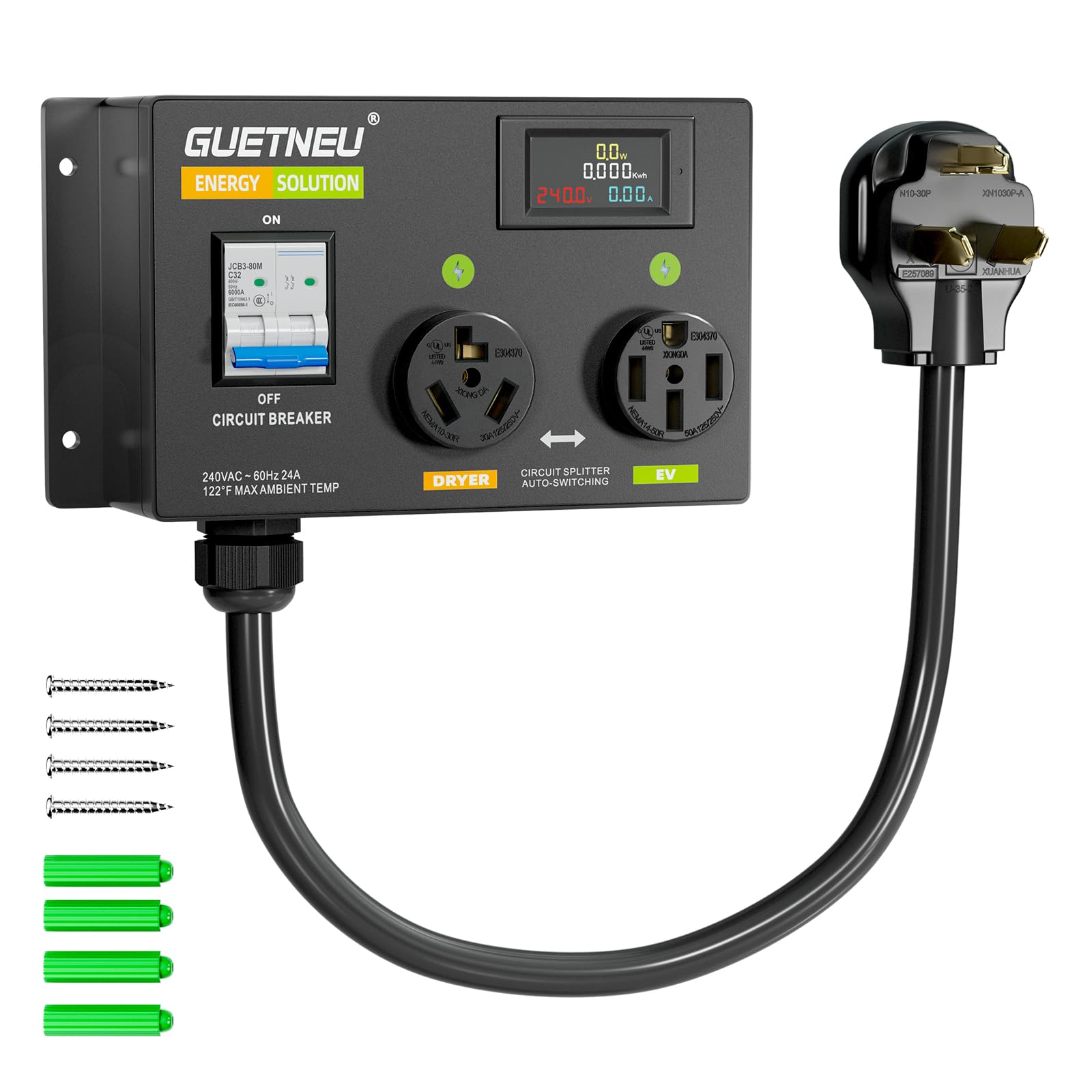 Photo 1 of GUETNEU NEMA: 10-30P to 10-30R 14-50R, 240 VAC Dryer Splitter with Breaker, Dual Socket, EV Auto Power Switch, Fast Charge for 2 EVs, Left-Side Power Supply Priority