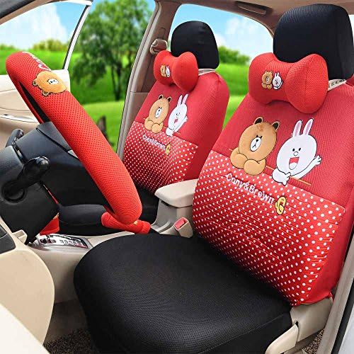 Fashion Lovely Cartoon Bear Car Seat Cover Full Set Car Steering Wheel Cover Classical Cartoon Truck Seat Cushion (red)