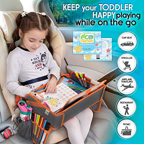 US Kids Travel Car Seat Tray - Toddlers Carseat Tray Organizer - Large Tablet & Cup Holder - Waterproof Food & Snack Lap Tray - Road Trip Activities for Kids - Travel Games for Kids in Airplane