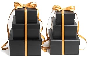 CHARMGIFTBOX 6 Pack Large Nesting Gift Boxes with Lids, Black Square Gift Box with Ribbon Assorted Sizes for Presents, Stackable Boxes for Birthday Wedding Christmas Party Gift Wrapping