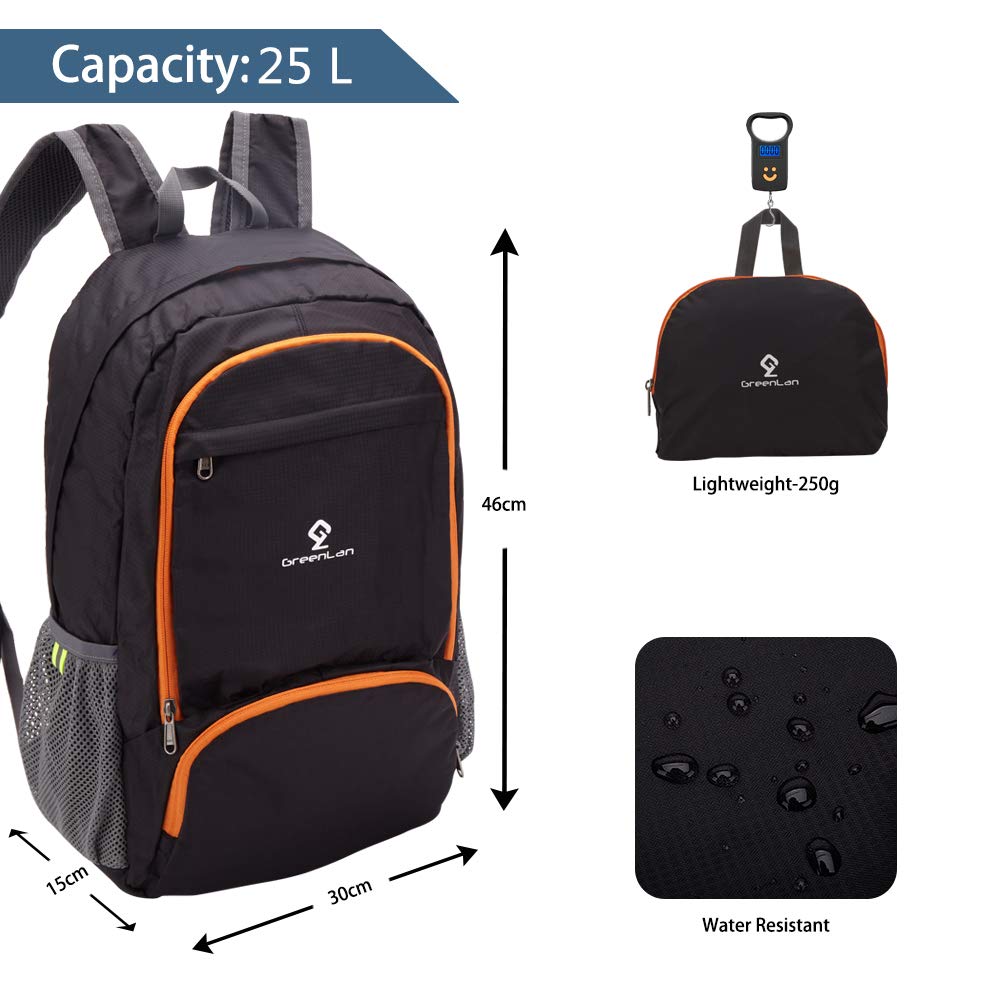 Lightweight Packable Backpack Water Resistant Hiking Daypack 25L - Foldable Camping Outdoor Bag(Black)