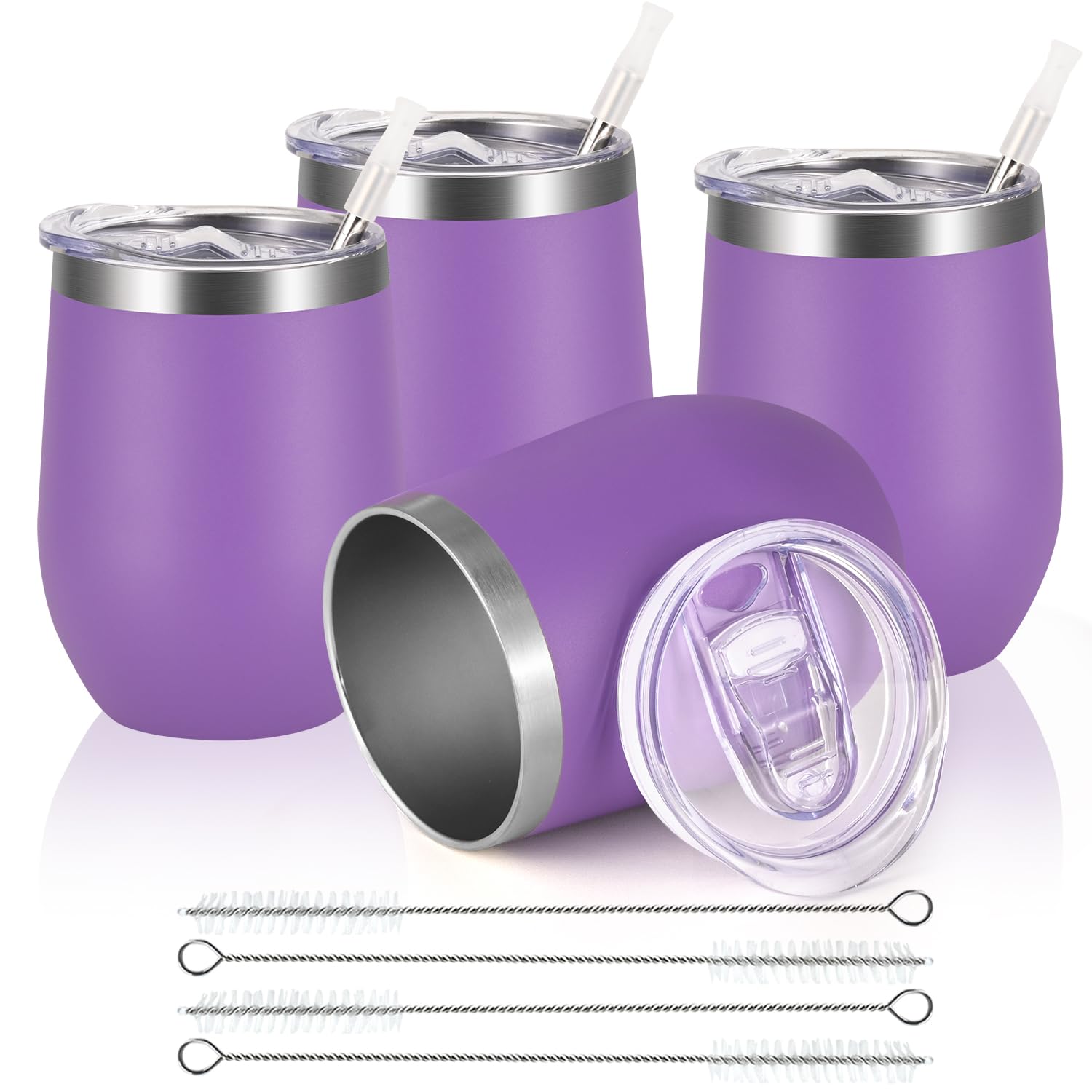 Joymaking Reusable Coffee Cup, Double Walled -Insulated Travel Mug Vacuum Stainless Steel Wine Tumbler with Spill Proof Lid, Great for Hot Cold Drinks Coffee Wine, 4 Piece Set 12 Oz Purple — image 1