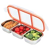 HSXMN Stainless Steel Snack Containers, 3-Compartment Metal Snackle Box for Kids & Adults, Clear Reusable Condiment Box with Lids, Divided Food Storage Container for School, Work, Home & Travel