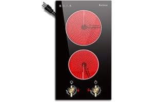 Karinear 110V Electric Cooktop 2 Burners Electric Stove 12 Inch Knob Control Countertop & Built-in Ceramic Cooktop, 9 Heating Level, Hot Warning, Over-Temperature Protection(Gold Knob)