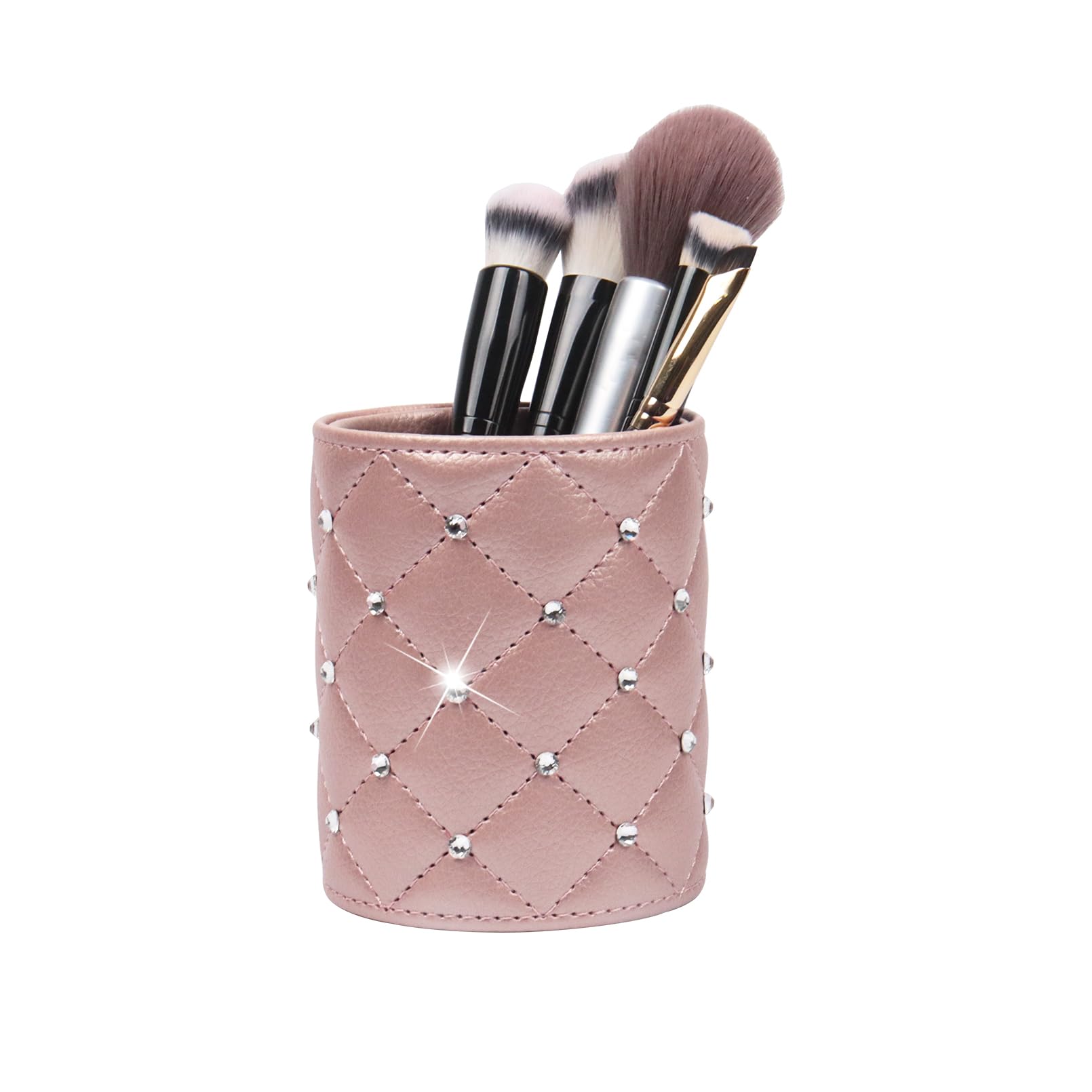 Nwvuop Round Makeup Organiser Brush Holder Leather Make up Brush Cosmetic Organizer for Lipstick, Lip Gloss, Eyeliner, Bedroom, Bathroom(Rose Gold)