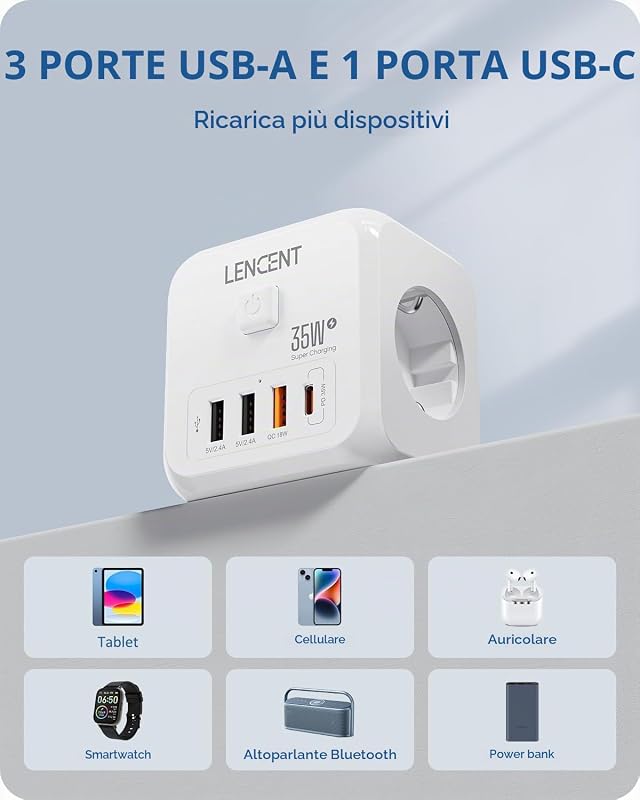 Presa Mutlpla USB a Cubo con Ricarica Rapida PD35W Multipresa 4000W
