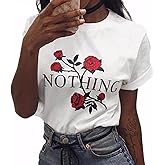 BLACKMYTH Women Summer Nothing Rose Print Short Sleeve Top Tee Graphic Cute T-Shirt